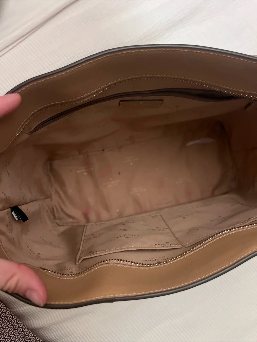 kate spade New York blush tan leather tote with gold logo